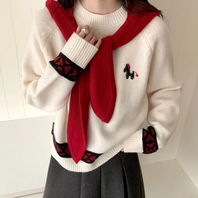 设计感撞色小马时尚图案刺绣菱形提花套头保暖毛衣针织上衣A5-15