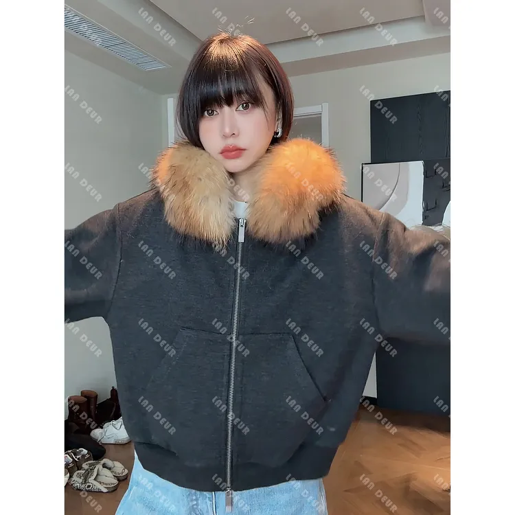 JIUJIU【猫耳薄荷】时尚百搭毛领慵懒风连帽秋冬休闲短外套