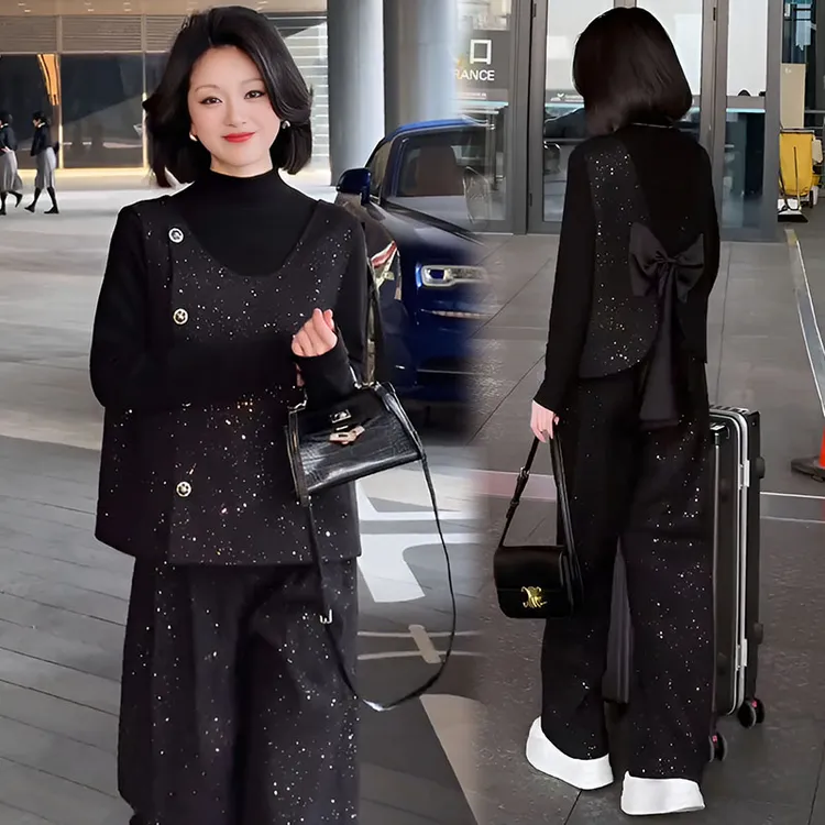 休闲马甲套装春秋细闪后背蝴蝶结马夹背心宽松阔腿裤套装