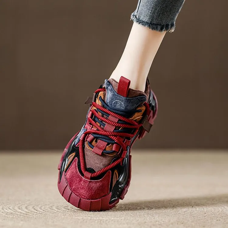 厚底松糕鞋女增高复古老爹鞋2025新款女鞋冬季红色运动鞋加绒棉鞋