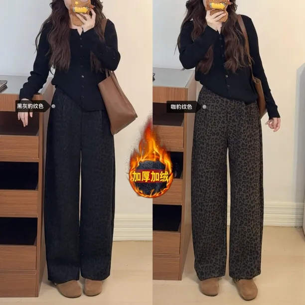 新款豹纹加绒毛呢休闲阔腿裤女2025秋冬加厚窄版裤子55