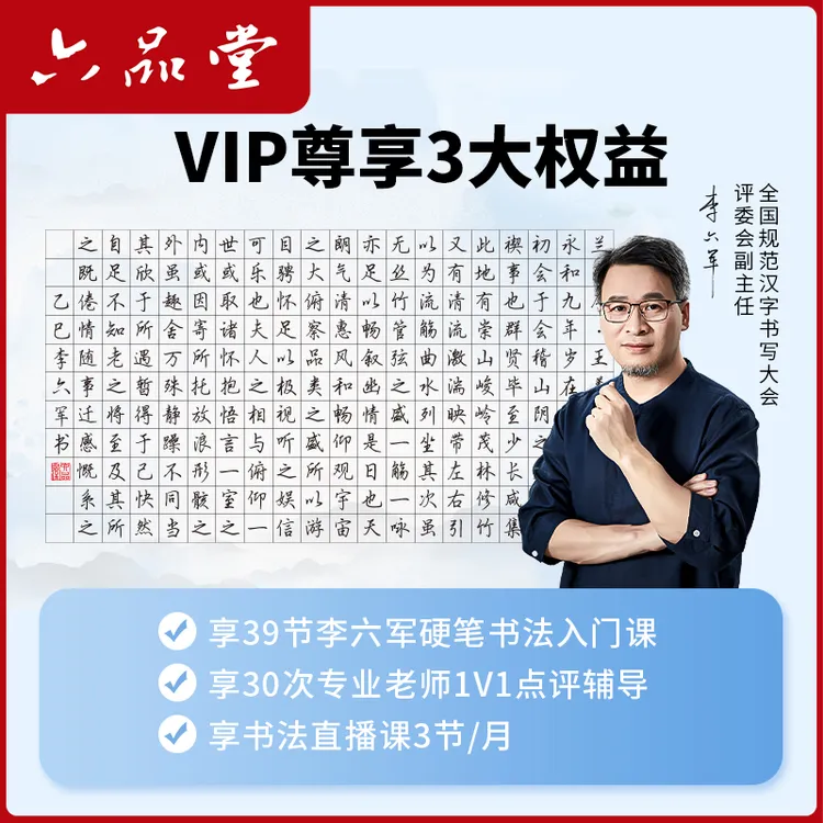 【VIP尊享3大权益】李六军硬笔书法课 1v1点评辅导 书法直播六品堂