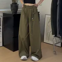 （版衣-清版）夏季新款松弛感百搭松紧腰配腰带阔腿女休闲拖地裤