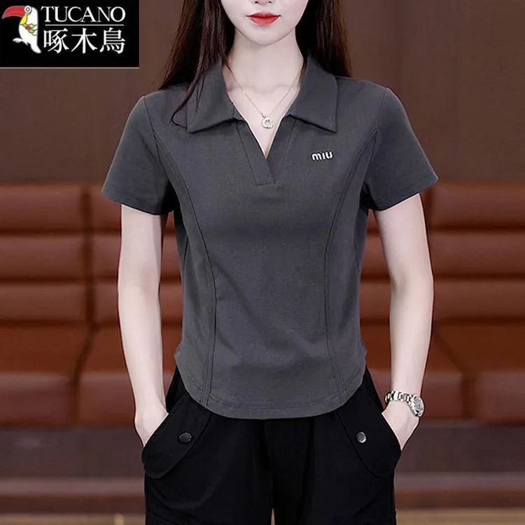 啄木鸟新款休闲百搭翻领纽扣T恤女2025年夏季洋气小众polo衫女士