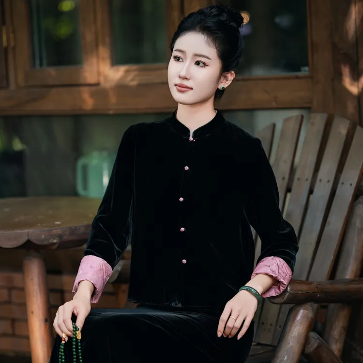 真丝丝绒上衣新中式国风小外套简约短款气质女装黑色复古立领显瘦