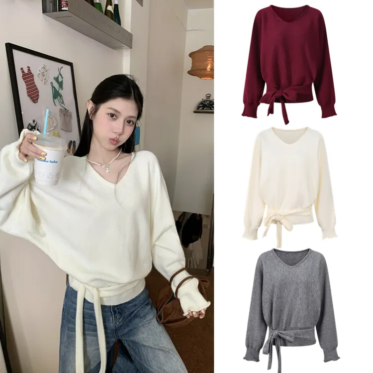  韩系慵懒V领休闲风绑带设计长袖宽松针织衫设计感短款松弛女