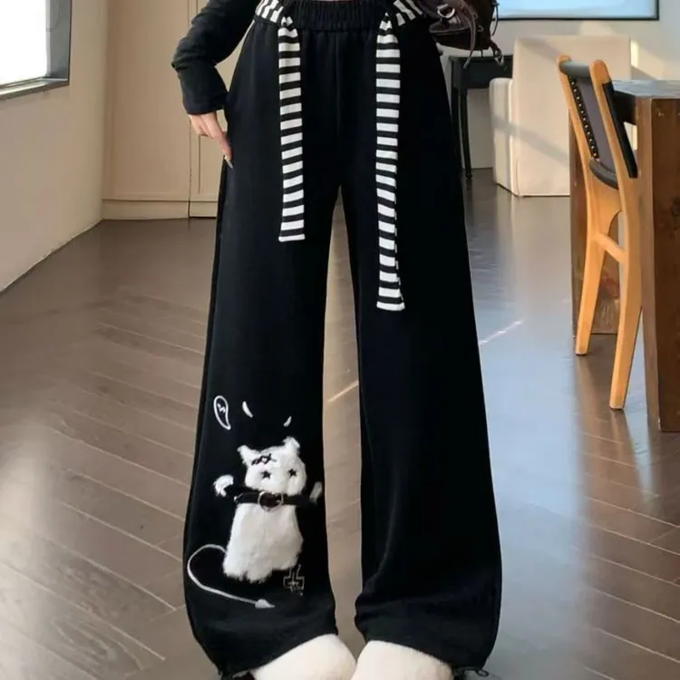 美式万圣节可爱猫咪黑色休闲卫裤子女秋冬季新款亚文化阔腿运动裤