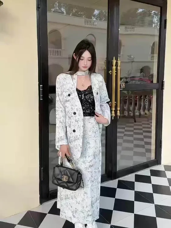 静奢风韩版轻职风新中式时尚套装网红法式半身裙套装2025秋季上新