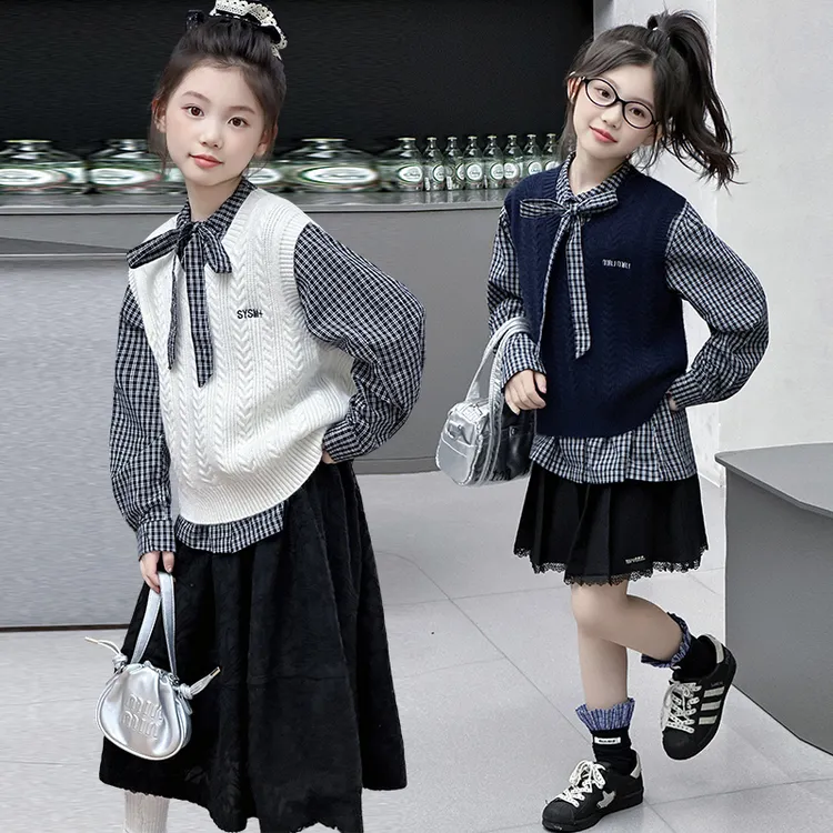 女童秋款学院风衬衫毛衣背心两件套女孩中大童学生少女风6-18岁潮