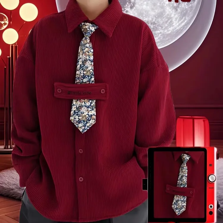 【送领带】儿童新中式拜年服男童秋冬潮流灯芯绒外套中大童加绒衬衫