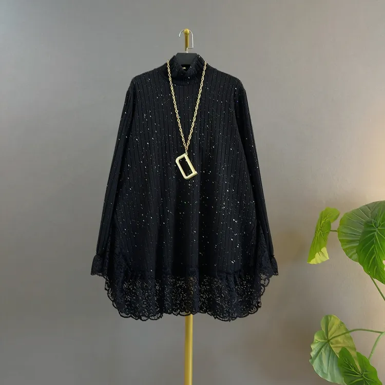 新款设计感慵懒风高领针织拼接底摆蕾丝长袖宽松显瘦大码上衣