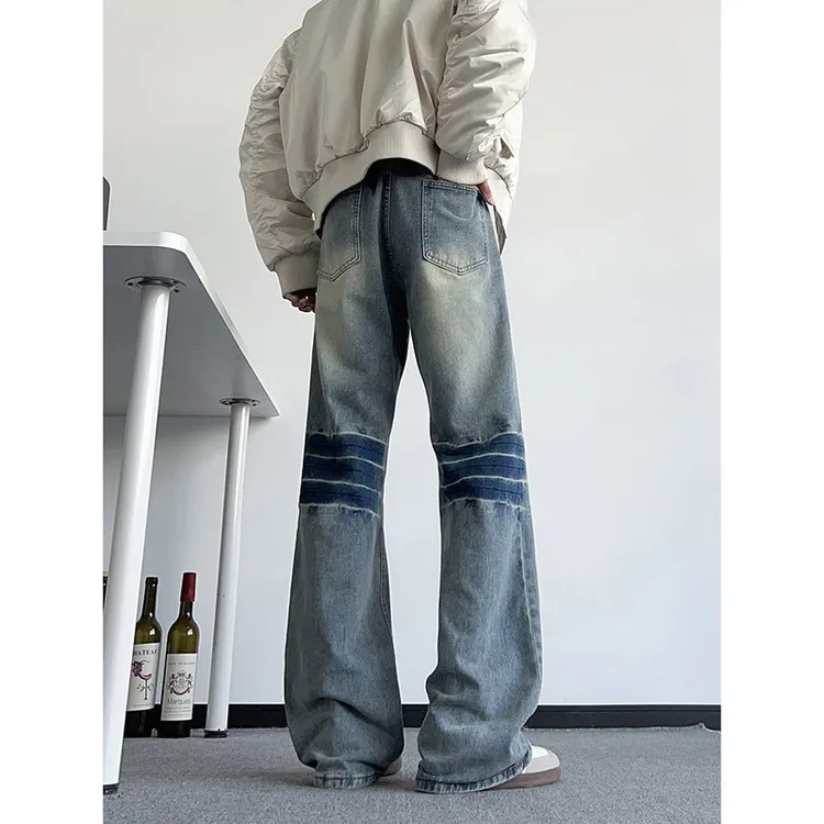蓝色斜切闪电纹牛仔裤男款加绒美式扎染裤子显腿长直筒窄版微喇裤