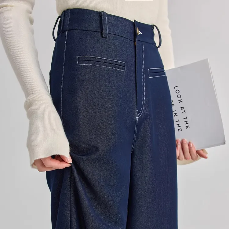 丹宁蓝阔腿牛仔裤女2025春夏季新款高腰小个子拖地裤宽松直筒裤子