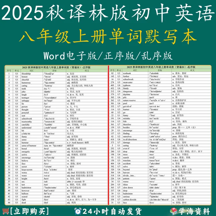 2025秋新译林版初中英语八年级上册单词默写背诵本英汉互译电子版