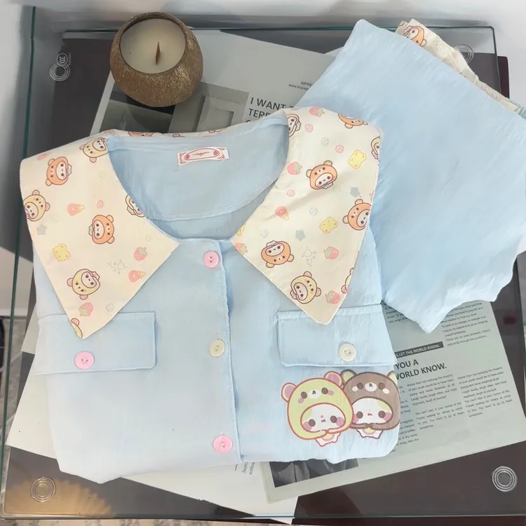 浅蓝小熊秋季睡衣女长袖卡通可爱云朵棉娃娃领春秋休闲家居服套装