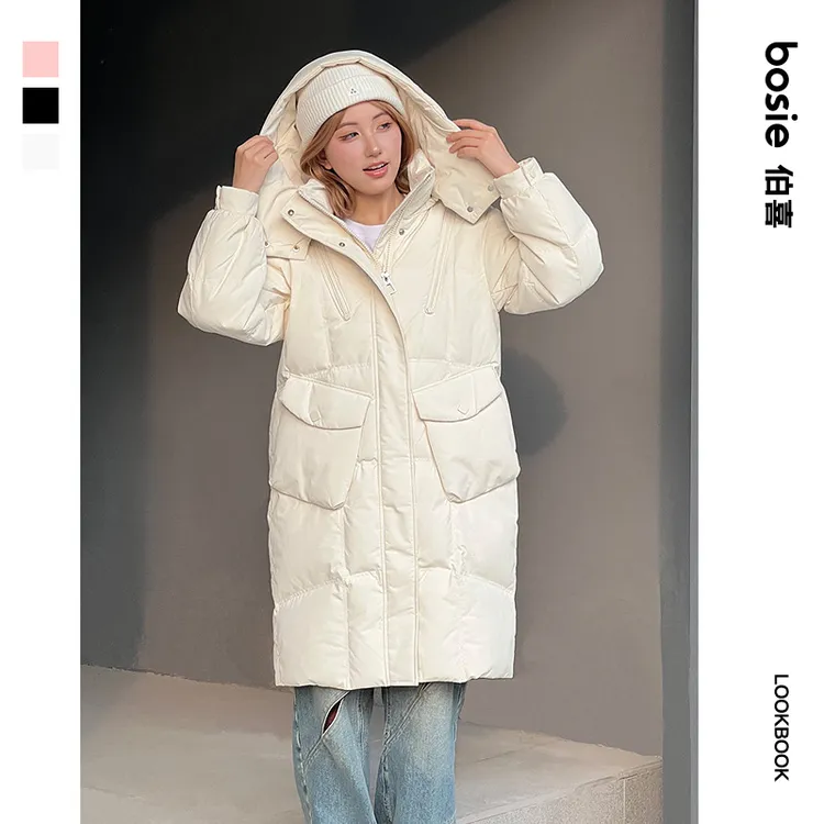bosie2025年秋冬季新款中长款羽绒服女时尚宽松加厚显瘦连帽外套