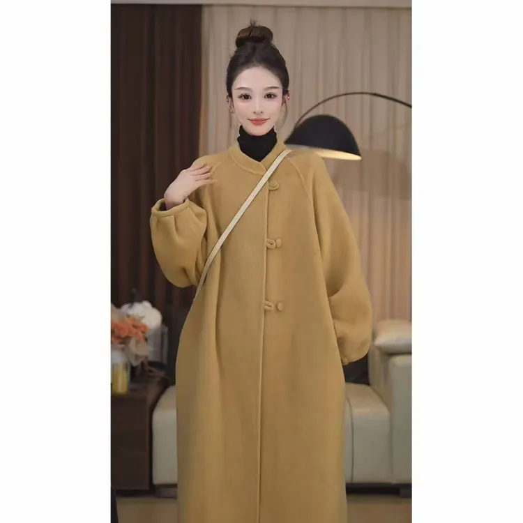25913 新中式简约宽松温柔风立领扣子时尚百搭长款秋冬毛呢大衣