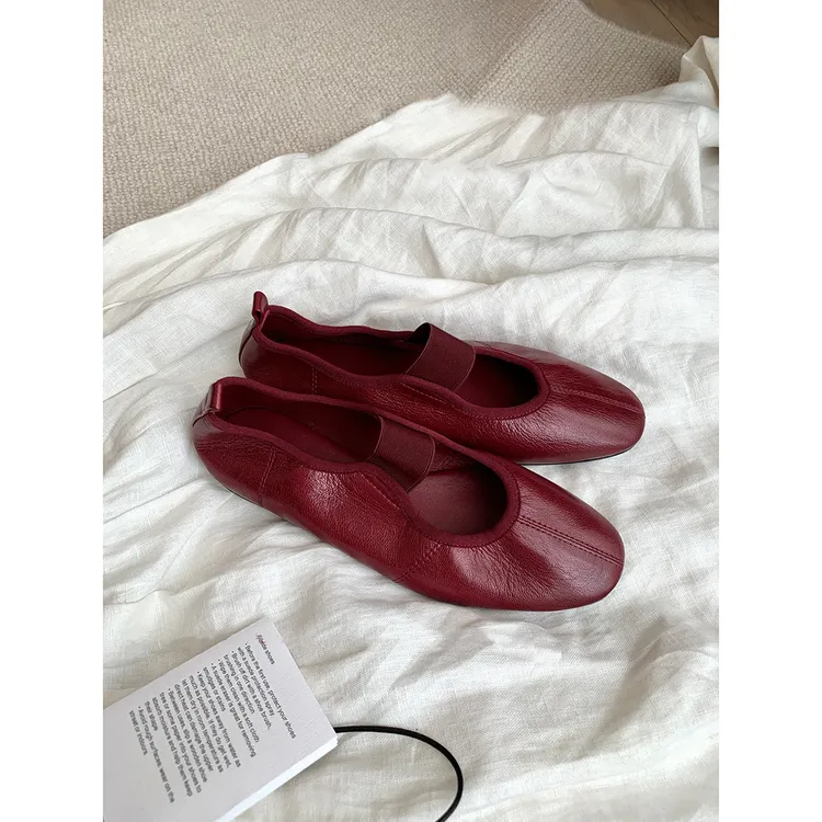 羊皮版~法式圆头弹力带玛丽珍鞋女2025新款小众设计平底浅口单鞋