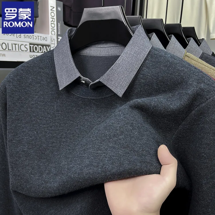 罗蒙秋冬款衬衫领假两件针织衫男士休闲长袖加绒加厚毛衣打底衫