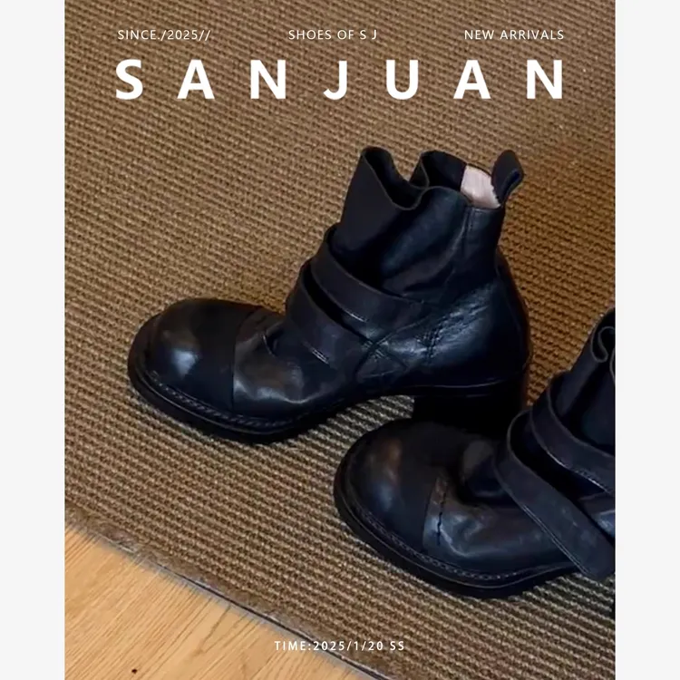 羊皮版sanjuan三卷黑色短靴高跟靴子厚底马丁靴小个子增高骑士靴
