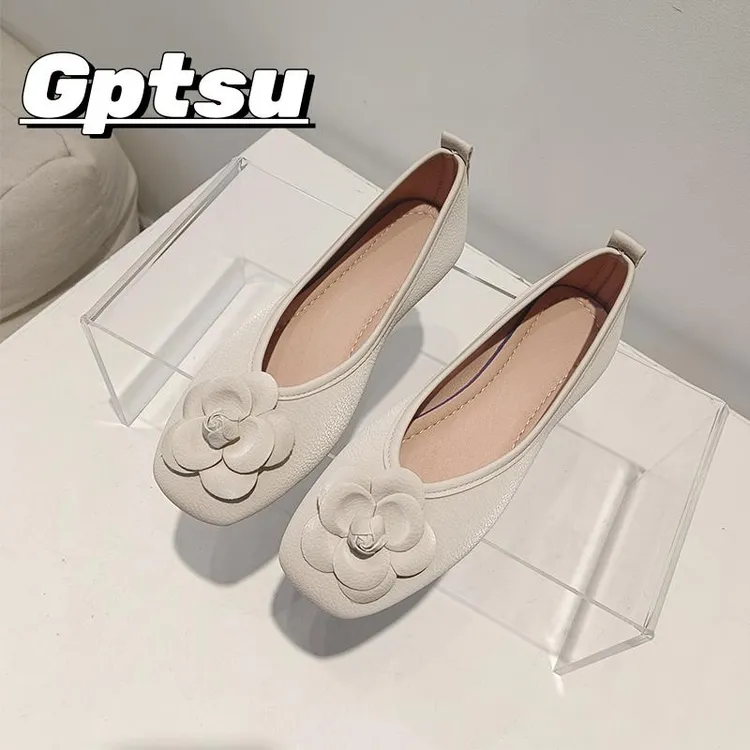 GPTSu山茶花优雅平底方头单鞋女浅口软皮平跟奶奶鞋舒适百搭瓢鞋