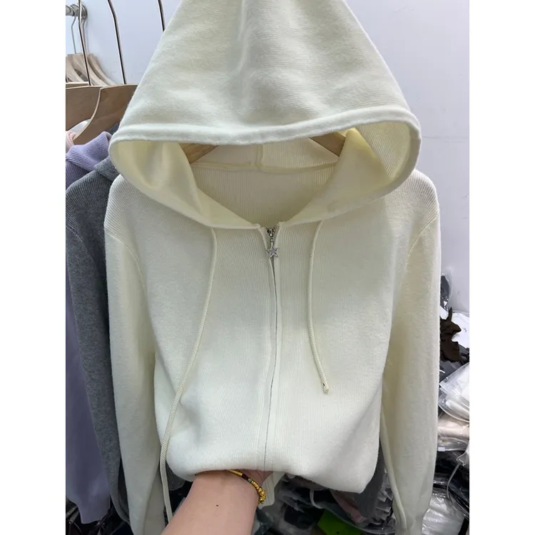 双拉链长袖针织衫开衫女上衣2025早春新款休闲洋气外搭连帽衫毛衣