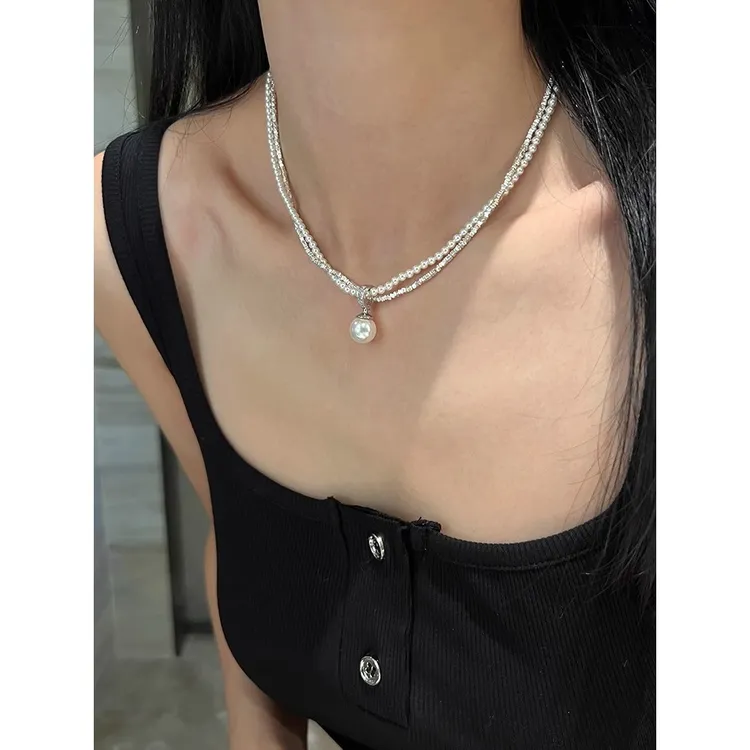CK 吊坠925银 纯银万能扣碎银子施家贝珠双层项链女小众设计感ins