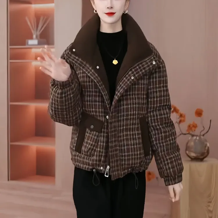 时尚复古格子棉服女2024年冬季新款宽松显瘦休闲百搭保暖棉衣外套