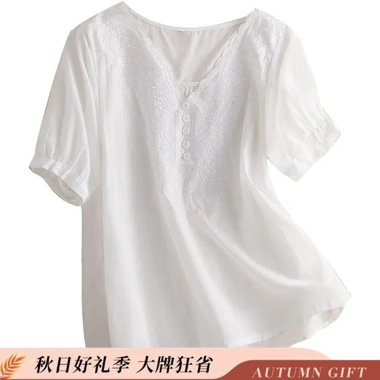 丝柏舍2025夏季新款女时尚V领文艺短袖宽松气质刺绣衬衫S32B1431C
