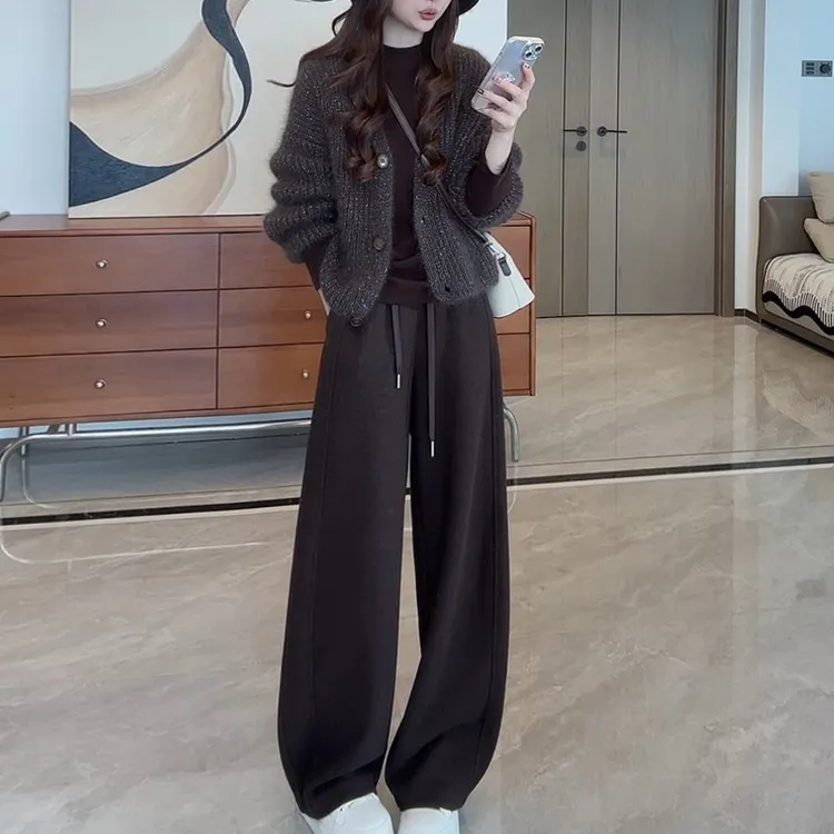 小香风秋冬套装女2025冬慵懒针织衫毛衣打底衫高腰阔腿卫裤三件套