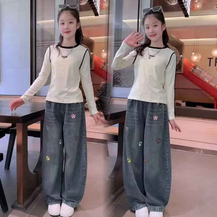 女童套装2025秋季新款时尚百搭打底衫韩版中大童牛仔阔腿裤两件套