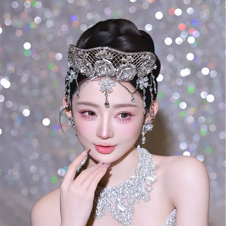 合金仿水晶婚庆饰品 00991新娘头饰重工立体花朵皇冠流苏礼服头饰