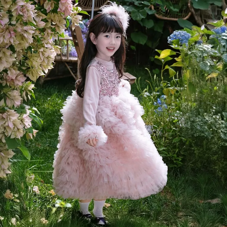 （现货）韩槑槑秋冬女童加绒蛋糕蓬蓬纱裙花童公主裙生日洋气礼服裙