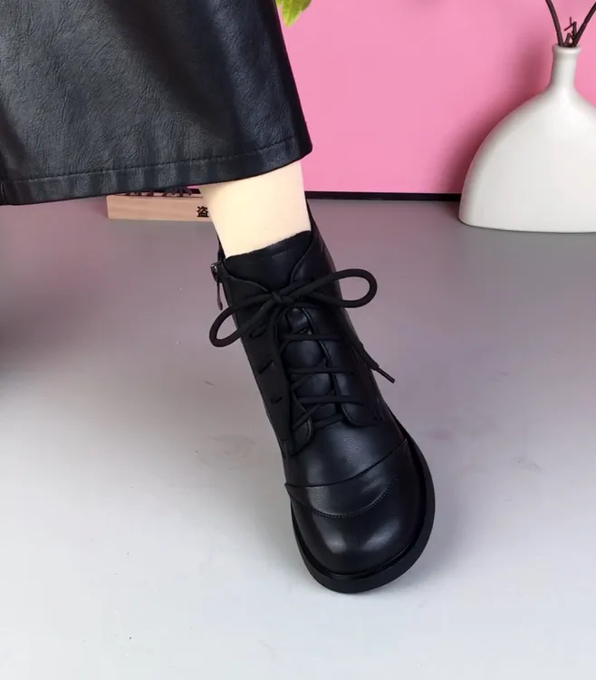 【娟妹女鞋原创原版】真皮侧拉链圆头粗跟系带厚底英伦风时尚马丁靴