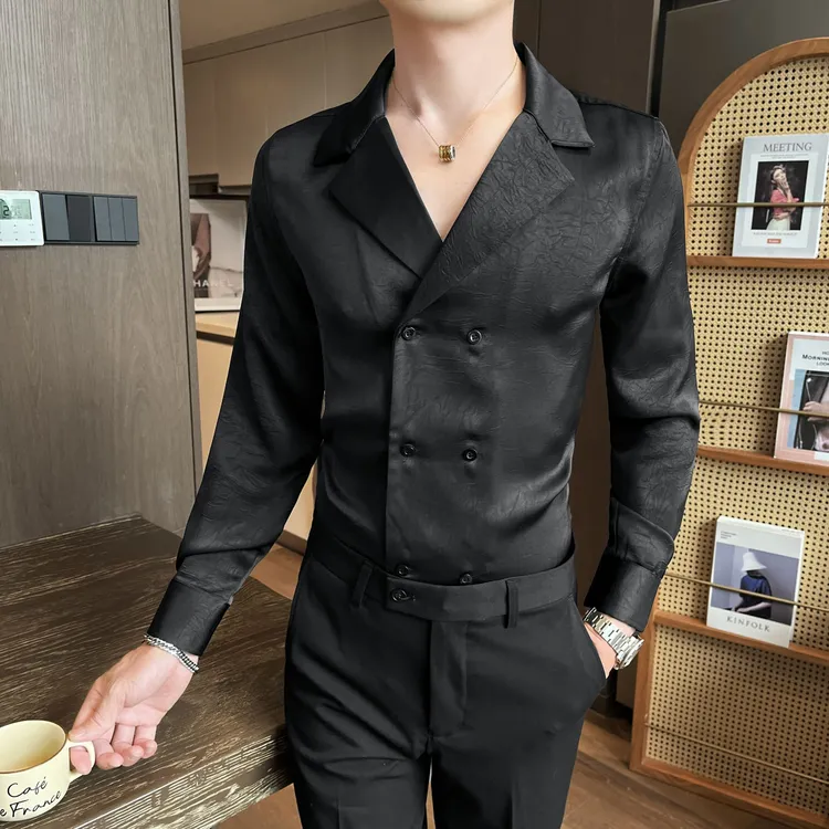 古巴领垂感双排扣衬衫男士长袖春夏新款商务休闲潮流百搭衬衣痞帅