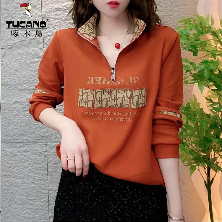 啄木鸟--洋气减龄妈妈装宽松显瘦长袖上衣秋季时尚烫钻半拉链卫衣