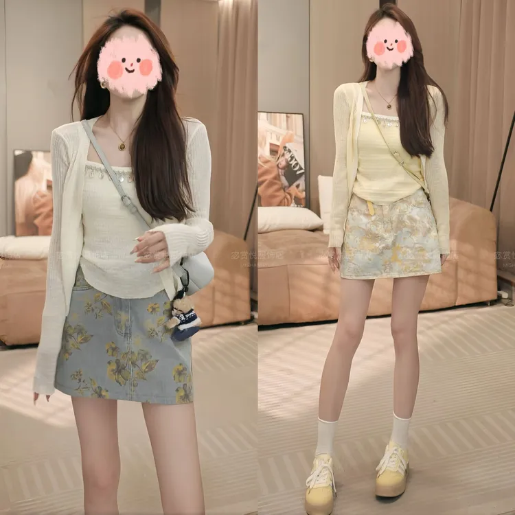 2025早秋新款韩版时尚休闲防晒针织衫两件套+印花短裙套装显瘦女