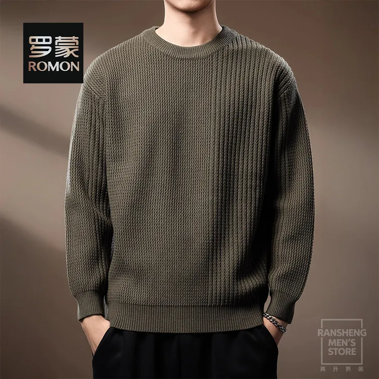 罗蒙轻奢扭花拼接圆领毛衣男秋季新款宽松保暖毛衫日系长袖针织衫