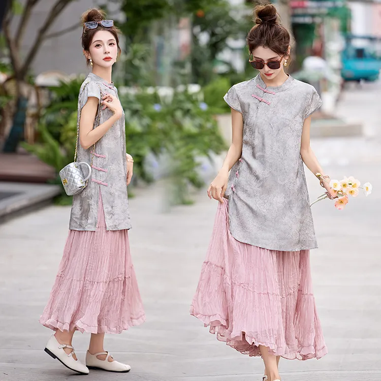 新中式国风提花套装裙女2025夏季新款高级感复古压褶半身裙两件套