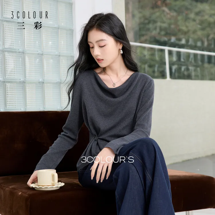 三彩2025初秋新款荡领收腰针织衫长袖纯色套头衫打底衫上衣女S
