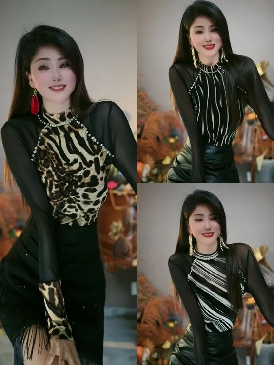 星红25077拼接网纱修身长袖T恤女秋季新款设计感气质打底上衣