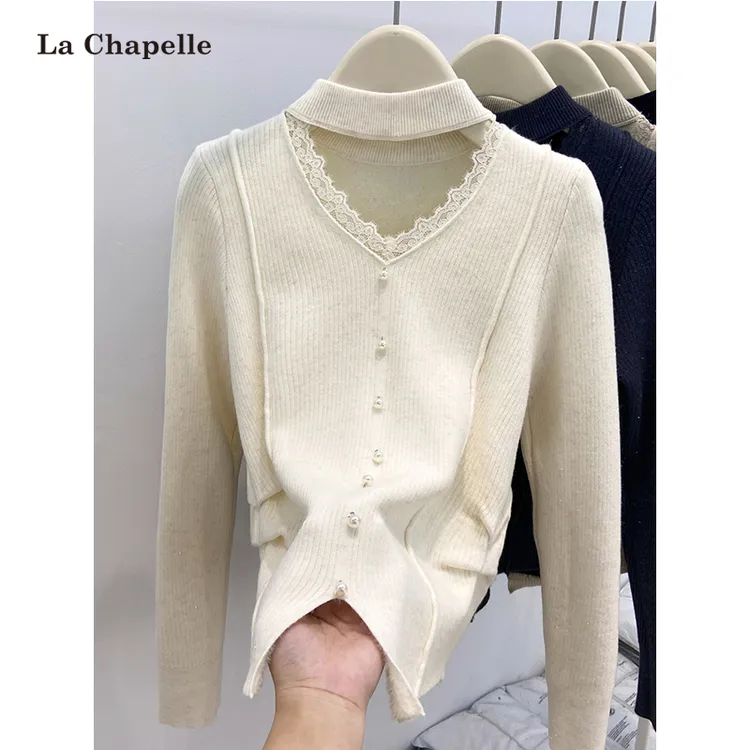 拉夏贝尔挂脖一体绒针织衫秋冬加绒保暖收腰蕾丝花边拼接毛衣上衣