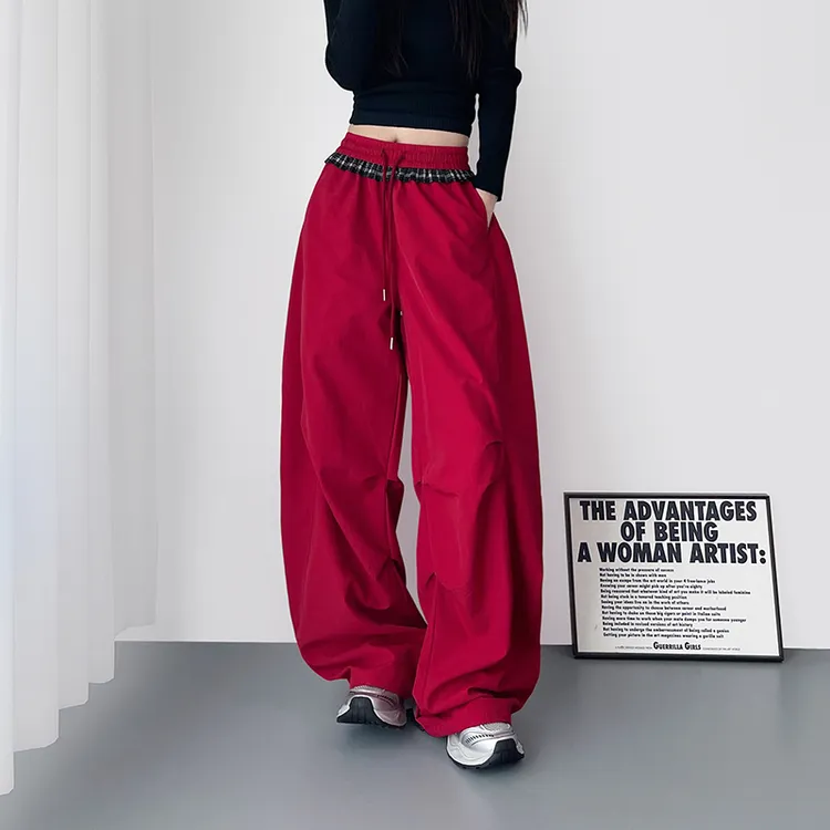 梨型微胖显瘦高腰拼接阔腿裤女2025秋季大码胖mm垂感运动休闲裤子
