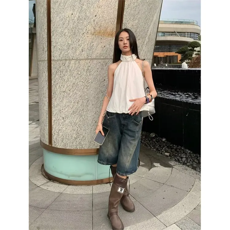 显瘦美式vibe风拼接设计牛仔短裤女宽松高街阔腿百搭五分中裤潮