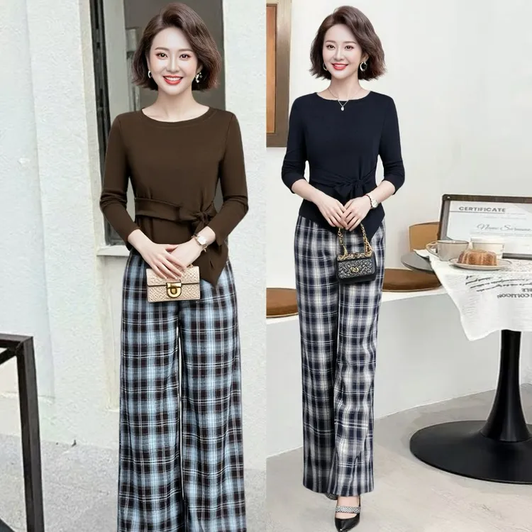 2025初秋新款时尚套装女设计感小众长袖T恤高腰显瘦格子阔腿裤潮