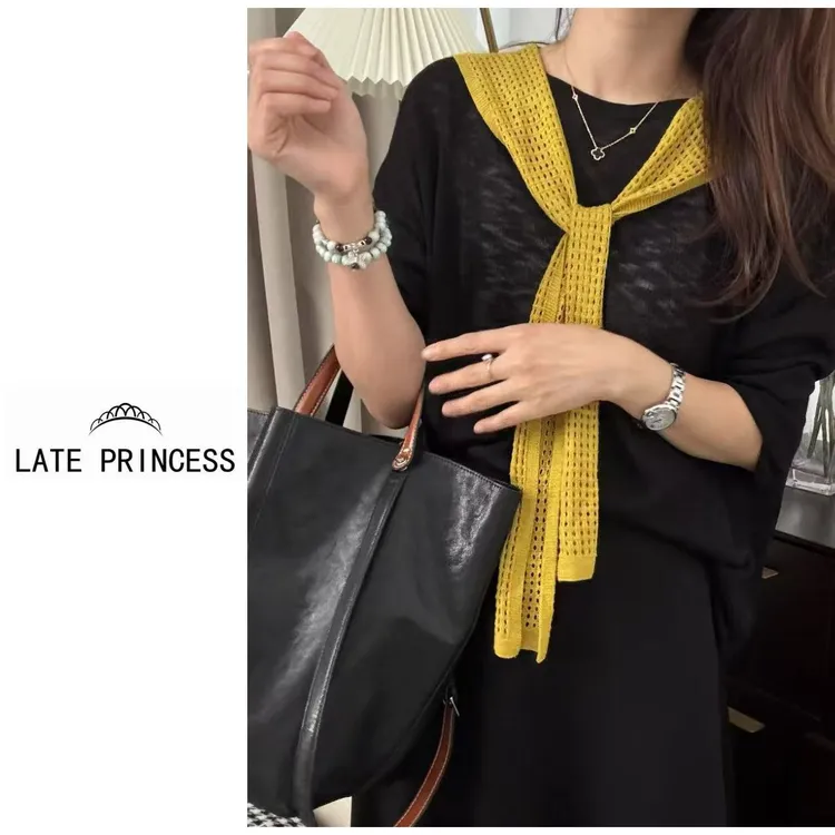 LATE PRINCESS【浪漫开始】秋季2025新款披肩假两件外穿宽松针织衫