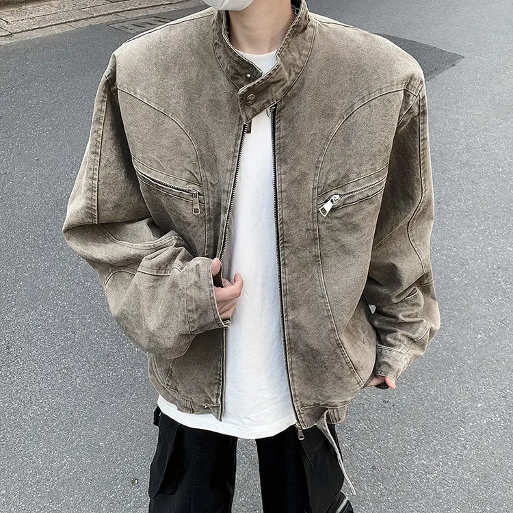 水洗复古垫肩短款牛仔夹克男春秋季小众立领vintage拉链工装外套