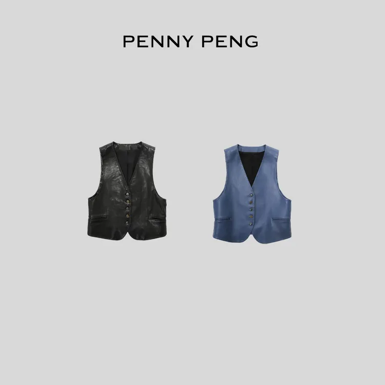 PENNYPENG小夜曲春季气质修身显瘦复古个性设计感两色V领羊皮马甲