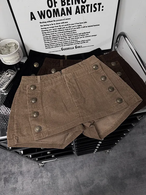 美式复古灯芯绒短裤女高腰显瘦百搭裤裙休闲裤辣妹风纽扣半身裙