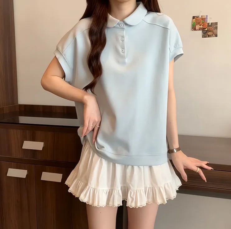 纯棉时尚减龄翻领短袖T恤女2025夏季爆款宽松显瘦简约设计感上衣